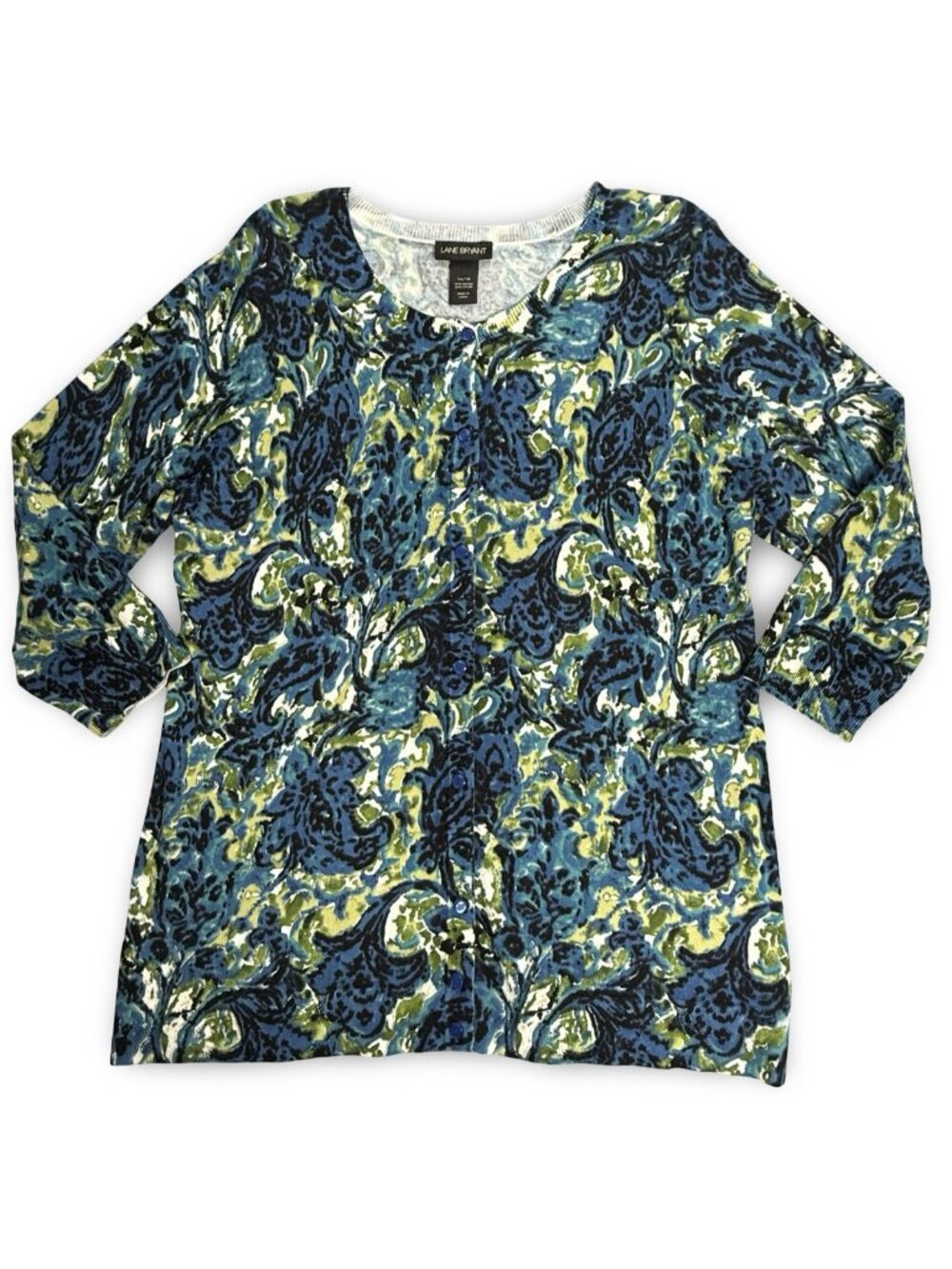 Lane Bryant Abstract Floral Cardigan Plus 14/16 Blue Green Button Up 3/4 Sleeve - Picture 6 of 8